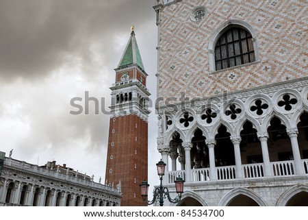 A classic view of the San Marco area of Venice.  Featuring the façade of the Doge\'s Palace and Campanile tower.