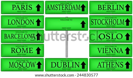European capital cities street signs on a metal pole