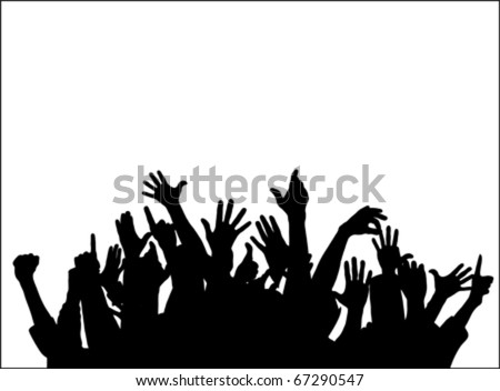 Large group of people with raising hands isolated on white, vector