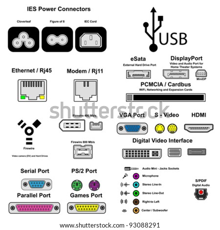 Computer Ports Isolated On White, Vector - 93088291 : Shutterstock