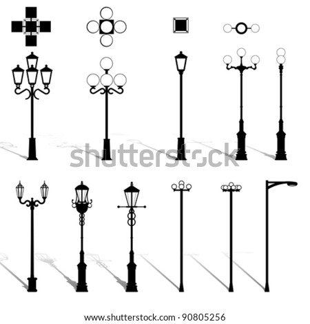 Modern Lightning Outdoor Lamp pole set. Architecture outdoor electric design equipment elements. Street light energy supply. Isolated on white, vector
