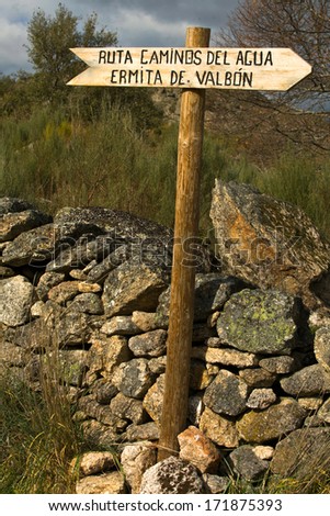 Wooden indication trekking ruote by Natural environment in Valencia de Alcantara, Spain
