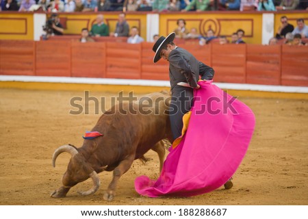 BADAJOZ, SPAIN, APRIL 12: The spanish torero Jose Maria Manzanares performing a bullfight, on April 12, 2014 in Badajoz, Spain
