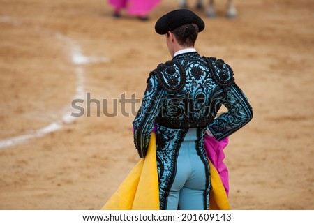 The bullfighter wait the bull charge with the capote during a bullfight