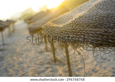 Rustic brown sun umbrellas made of natural fibers on a nice beach in Costa del Sol, Spain