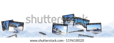 Film frames with winter landscapes in snowdrifts on a white background