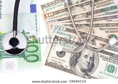 cash of dollars and euros with stethoscope