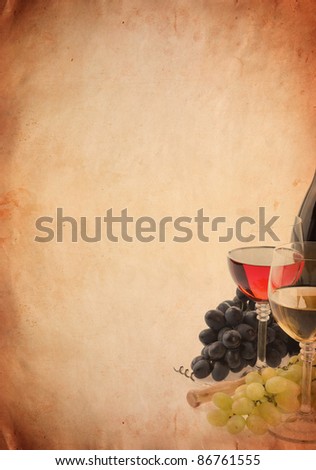 wine in glass and grape fruit on old paper parchment background