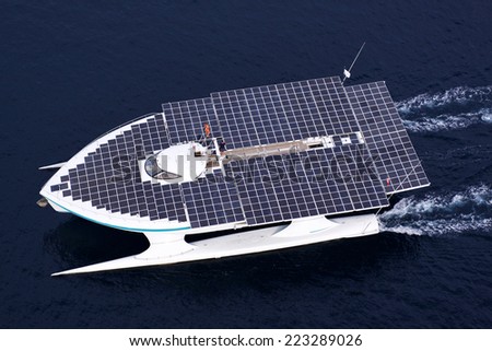 ADRIATIC SEA - AUGUST 31: Turanor Planet Solar biggest solar powered boat in the world in navigation, at open sea, on August 31, 2014 in Adriatic sea, Croatia.