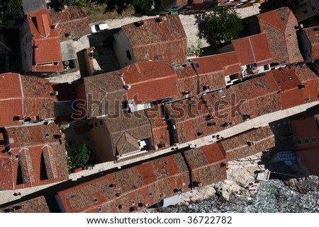Aerial photography of city Rovinj main old street in Croatia situated on the north Adriatic mediterranean sea.