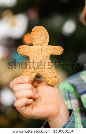 A child\'s hand is holding a gingerbread man in front of a Christmas tree.