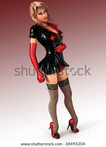 Exotic girl in sexy black nurse costume