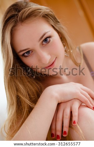 Close up portrait of pretty amazing lady with perfect smile