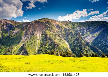 Beautiful view of alpine meadows. Upper Svaneti, Georgia, Europe. Caucasus mountains. Beauty world.