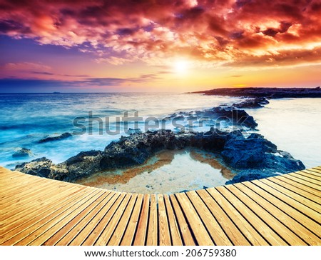 Amazing morning sun over the sea with overcast sky. Black Sea, Crimea, Ukraine, Europe. Beauty world. Creative collage.