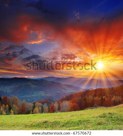 Majestic sunrise in the mountains landscape. HDR image