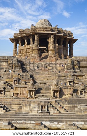 A stepped water tank/stepwell infront of the Sun Temple at Modhera. Ruined Hindu temple Gujarat, India.