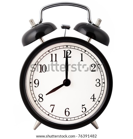 Old Alarm Clock Isolated On White, In Black And White, Showing Eight O ...