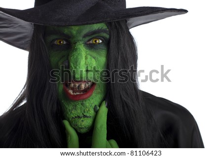 Evil Witch Rubbing Her Chin, White Background. Stock Photo 81106423 ...