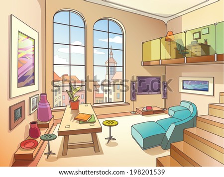 The light interior of a two-storied cozy living room is full of paintings and other art objects in the bright sunny day. 