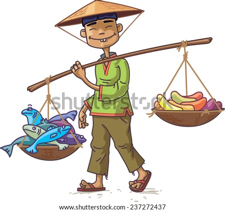 The smiling Asian man in a conical hat is carrying the fresh fish and the fruits. The merchant looking at camera.