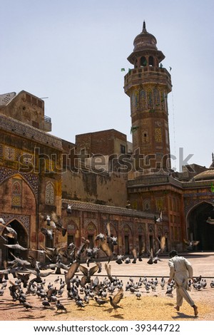 Muslim Man chasing pigeons in courtyard of Wazir Khan Mosque, Lahore, Pakistan