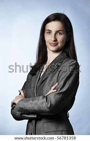 Half-Body Portrait Of Smiling Confident Business Woman With Entwined ...