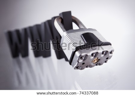 Internet security: Three black wooden W characters with padlock attached isolated on grey background.