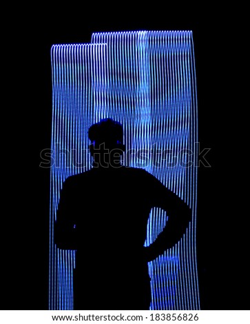 contour man on a black background with blue and white abstract pattern