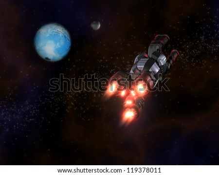 Back view of Black and Red Space Ship in Action in Space with two planets