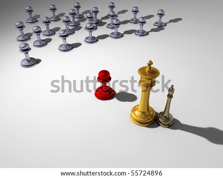 Golden king with bronze jester in his shadow in front of a little red pawn