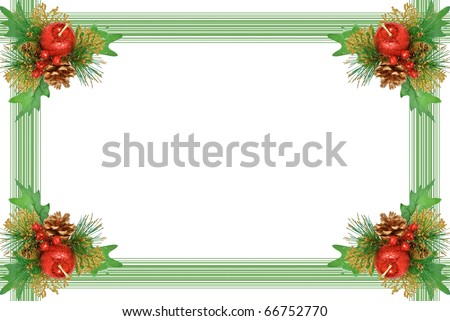 Christmas frame - ornament with branch of green pine tree, red apple, berries, cone and leaves