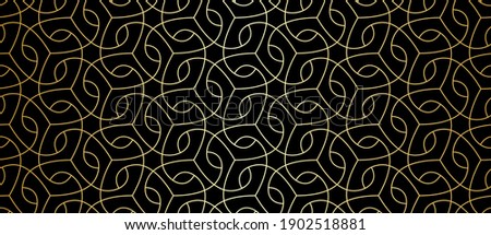 Seamless lace pattern with golden thin curl lines and scrolls. Monochrome abstract floral pattern. Decorative lattice in Arabic style. Endless thread and loops.