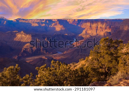 Beautiful Landscape of Grand Canyon from Desert View Point with the Colorado River visible during dusk