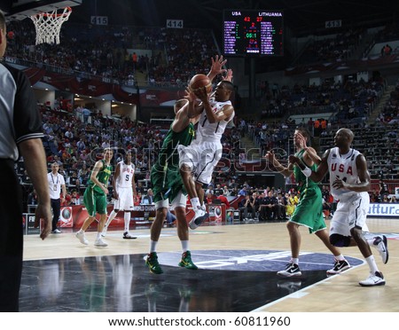 ISTANBUL - SEPTEMBER 11: Team USA Russel Westbrook drives to the basket in FIBA World Championship game between USA and Lithuania on September 11, 2010 in Istanbul
