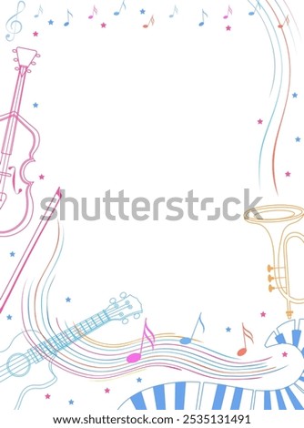 Music design. Musical frame. Vertical blue frame with guitar, violin, trumpet, piano and musical notes. For concert, music, award certificates.