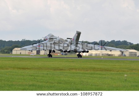 FAIRFORD, UK - JULY 8: Royal Air Force Vulcan Bomber participates in the Royal International Air Tattoo airshow event July 8, 2012 near Cirencester, England.