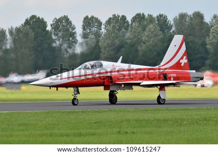 FAIRFORD, UK - JULY 8: Swiss Air Force F-5 aircraft participates in the Royal International Air Tattoo airshow event July 8, 2012 near Cirencester, England.