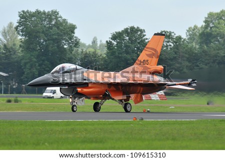 FAIRFORD, UK - JULY 8: Dutch Air Force F-16 aircraft participates in the Royal International Air Tattoo airshow event July 8, 2012 near Cirencester, England.