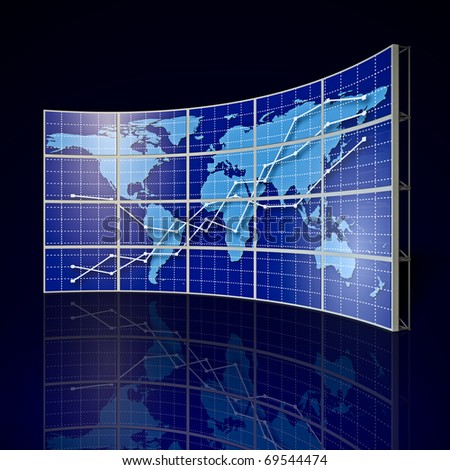 video wall with world map and abstract graph