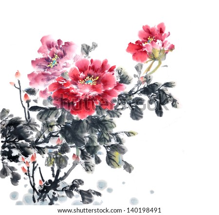 Peony Flower,Traditional Chinese Ink And Wash Painting. Stock Photo ...