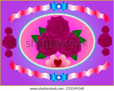 Red roses on a pink background framed in a pearl. Ribbons and bows on a light blue background