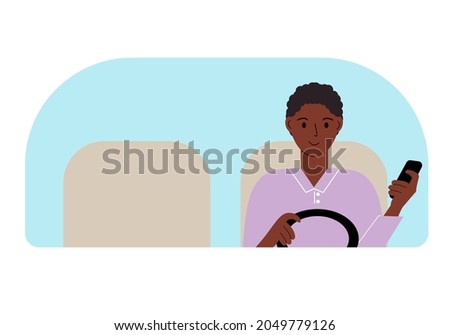 Vector illustration of a man with one hand controls a car and a mobile phone in the other hand