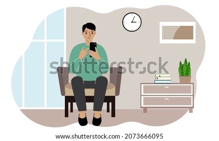 A man holds a mobile phone in his hand and sits in a chair at home. Using a mobile phone for conversation, video, correspondence. Vector flat illustration