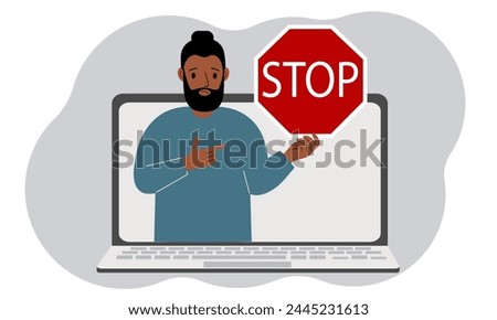 A man holding a red stop sign in a laptop screen. Virus, attack, error, account or page deletion. Vector flat illustration