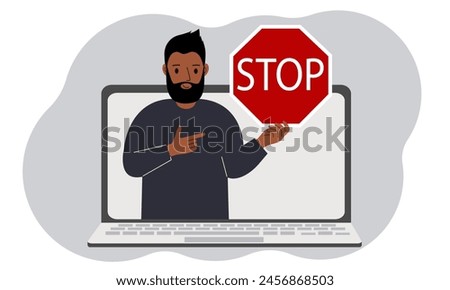 A man holding a red stop sign in a laptop screen. Virus, attack, error, account or page deletion. Vector flat illustration