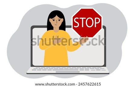 A woman holding a red stop sign in a laptop screen. Virus, attack, error, account or page deletion. Vector flat illustration
