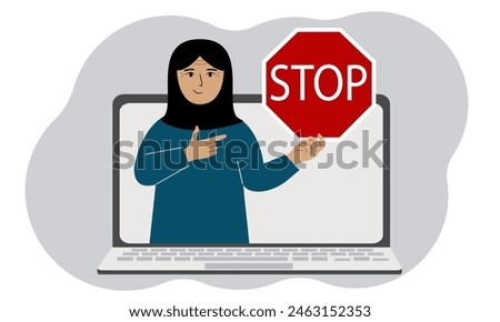 A woman holding a red stop sign in a laptop screen. Virus, attack, error, account or page deletion. Vector flat illustration