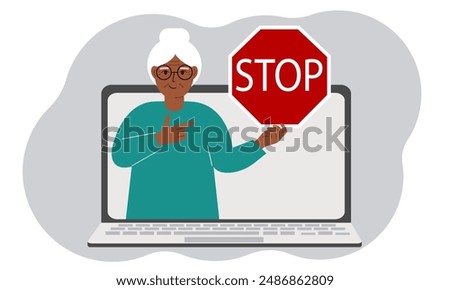 A woman holding a red stop sign in a laptop screen. Virus, attack, error, account or page deletion. Vector flat illustration