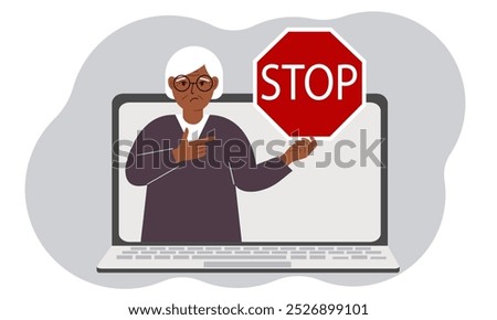 A woman holding a red stop sign in a laptop screen. Virus, attack, error, account or page deletion. Vector flat illustration